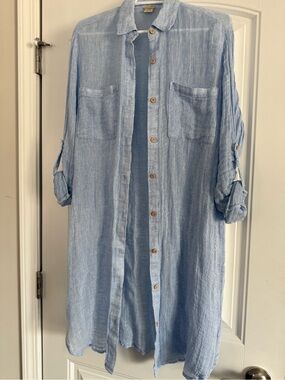 Magaschoni Lt Blue Gauzy Button-Front tab sleeves, linen shirtdress coverup S
